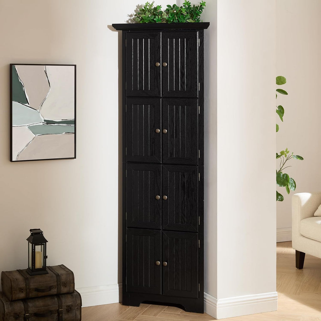 72' Sturdy Freestanding Storage Cabinet, Kitchen Storage Bakers Rack with Tiered Shelves, Utility Food Cupboard with Spacious Doors for Kitchen, Bathroom, Living Room, Black