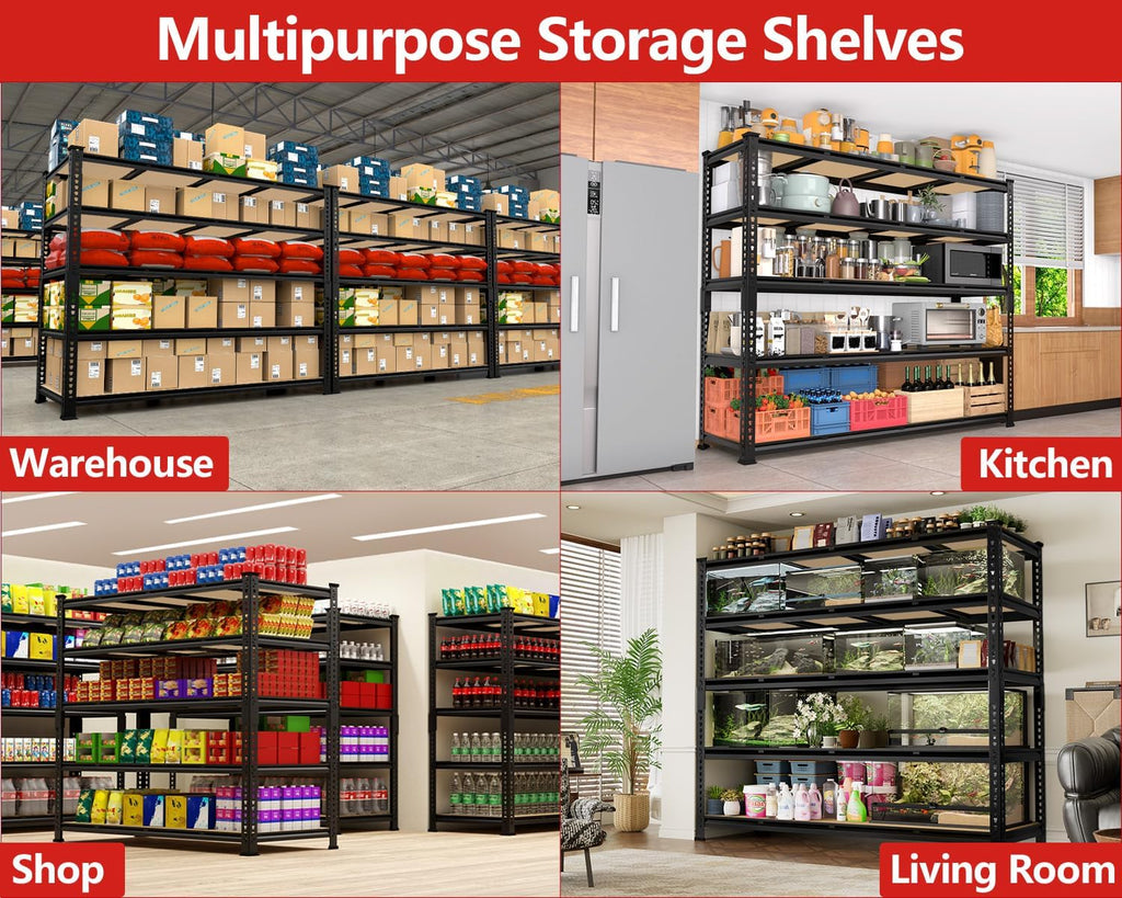 PrimeZone 60' W X 24' D X 72' H Heavy Duty Garage Storage Shelves - Adjustable Metal Shelving Unit, 5 Tier Industrial Shelves for Storage Standing Utility Rack for Warehouse, Pantry, Basement, Black