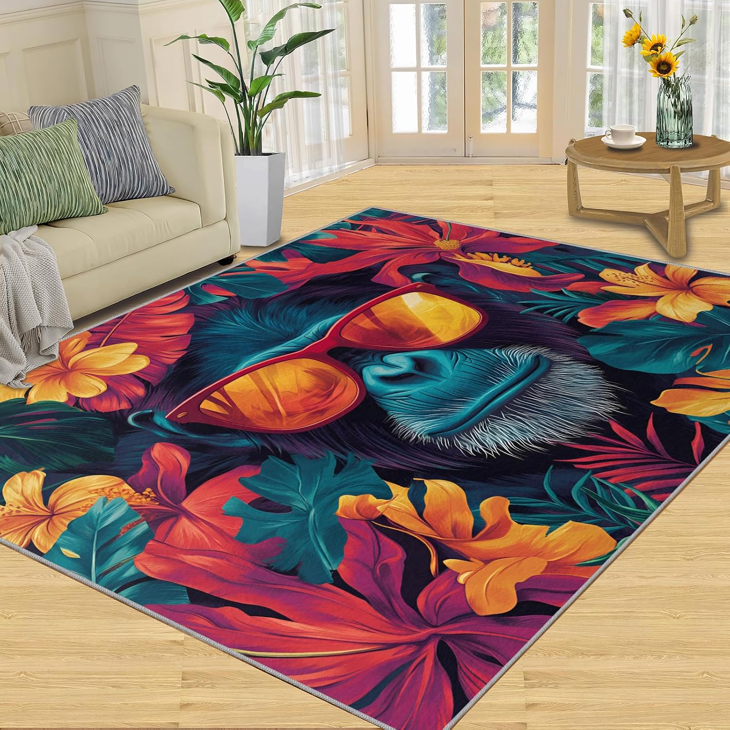 6x8 Chimp Area Rug - Chimpanzee Large Rugs for Living Room, Tropical Foliage Gorilla Carpet Area Rug for Girls Bedroom Kids Room Basement Office Classroom