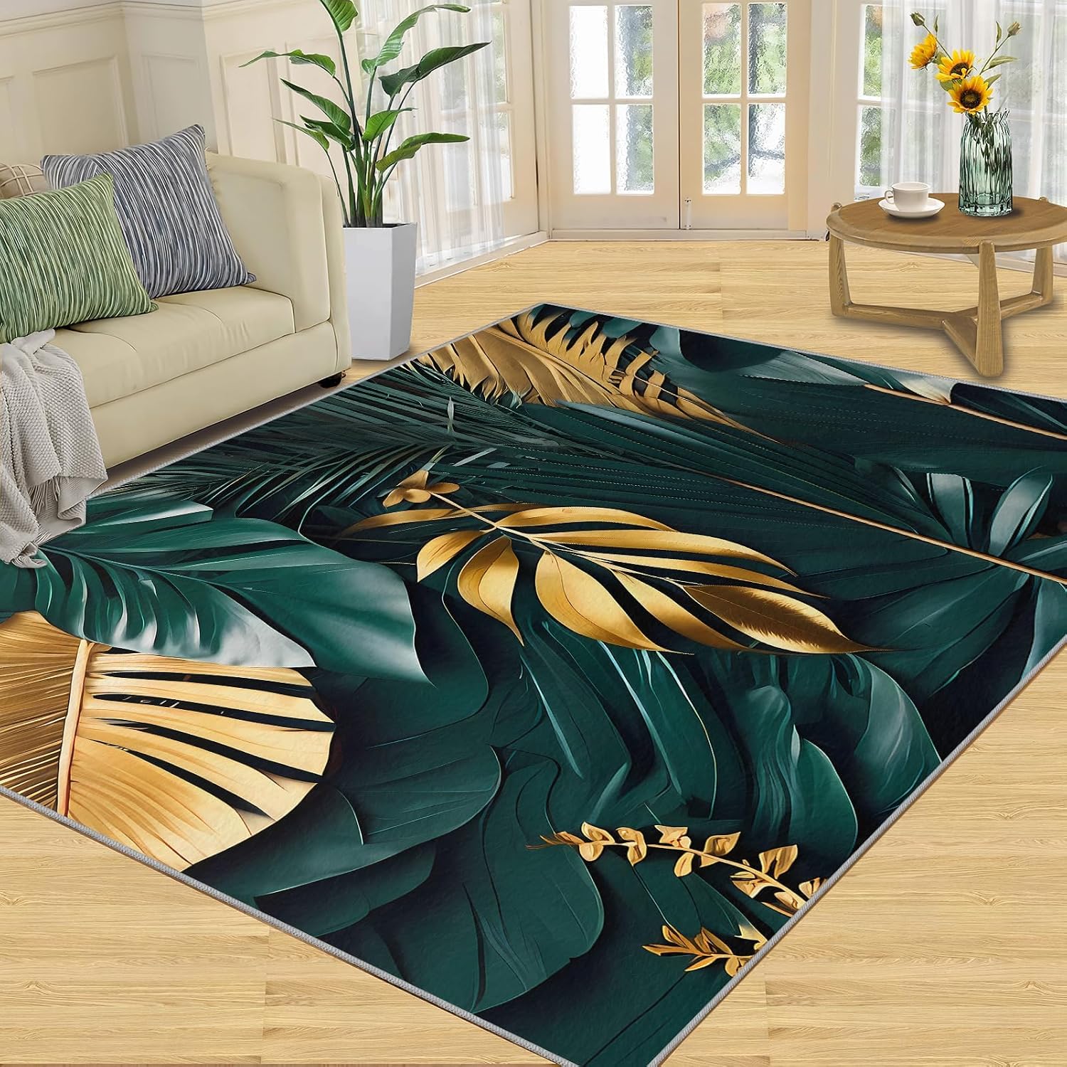 6x8 Rug Green Gold Leaves Art Non-Slip Kids Rug, Tropical Palm Leaves Upholstery Rug with Non-Slip Backing for Kids Boys Girls Bedroom Living Room Dining Room Study