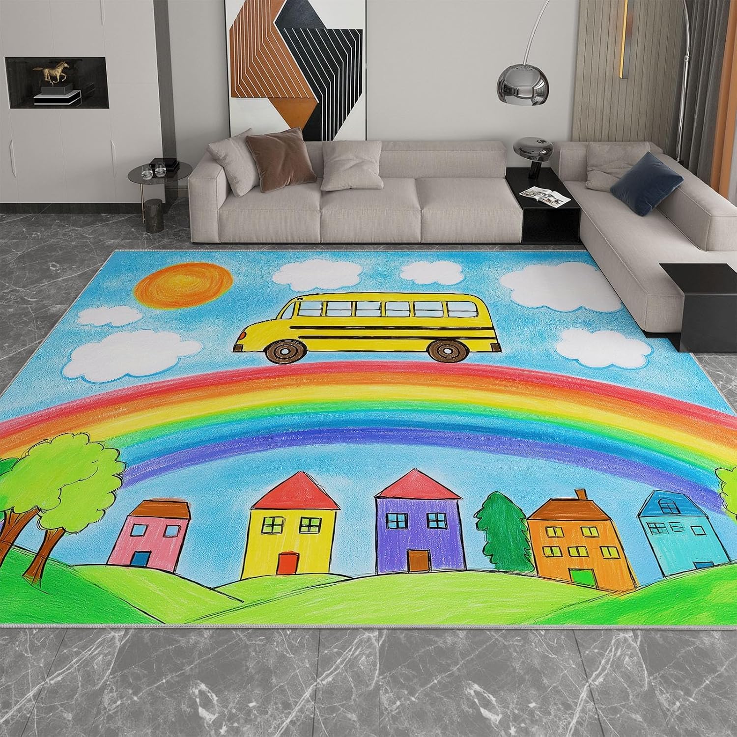 Machine Washable Area Rug 5 x 7 ft for Living Room, Cartoon Non-Slip Carpet Bedroom Rugs - Rainbow Green Trees Houses Cars Low-Pile Print Carpets for Bedroom Home Office Dining Room
