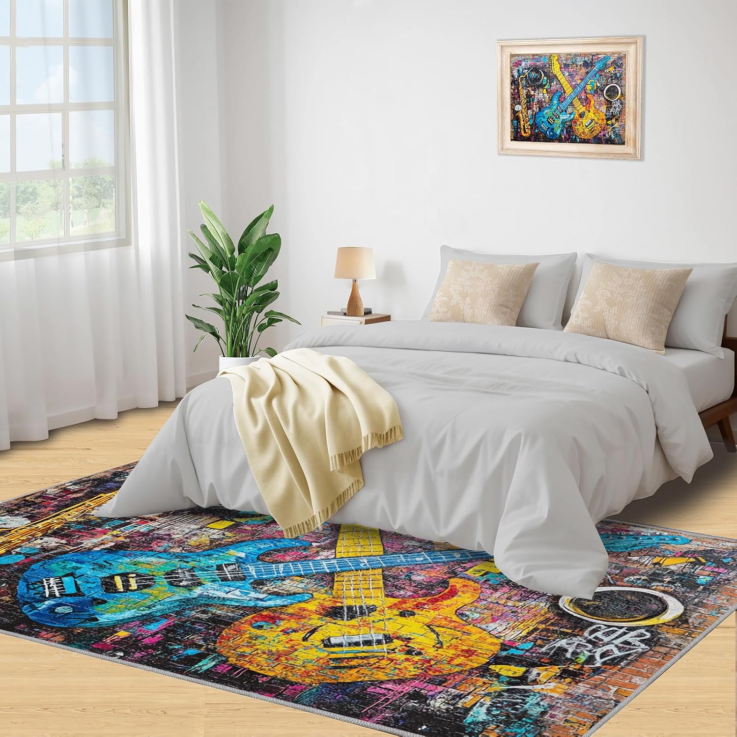 Guitar Rug 6x8-6x8 Rug, Music Area Rugs for Bedroom, Graffiti Art Rugs for Living Room, Abstract Graffiti Washable Mat, American Guitars Carpet, Guitar Home Decor