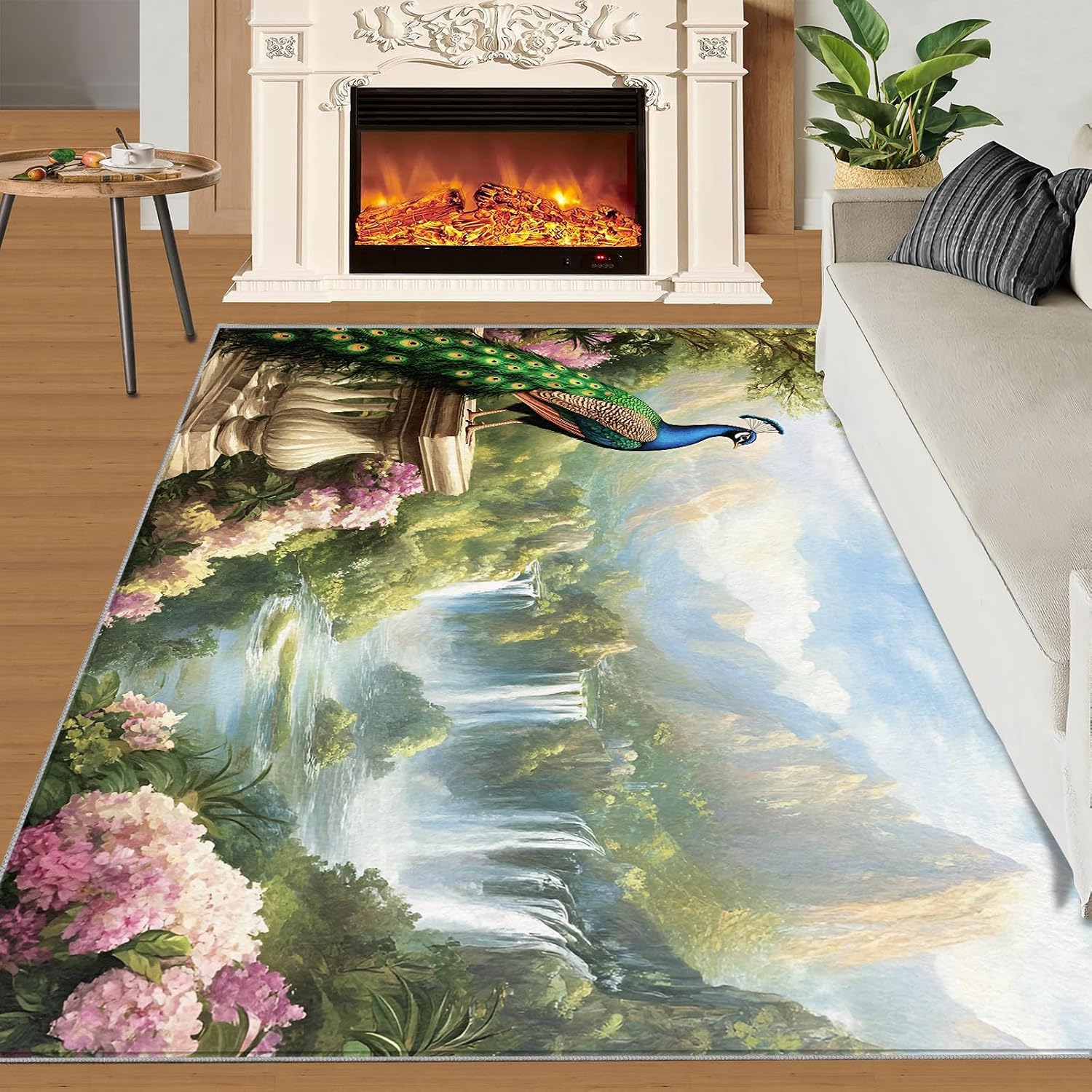 Peacock Rug 6x8-6x8 Rug, Forest Mountain Area Rugs for Living Room, Landscape Rugs for Bedroom, Floral Bird Carpet, Non-Slip Mat, Peacock Home Decor & Gifts