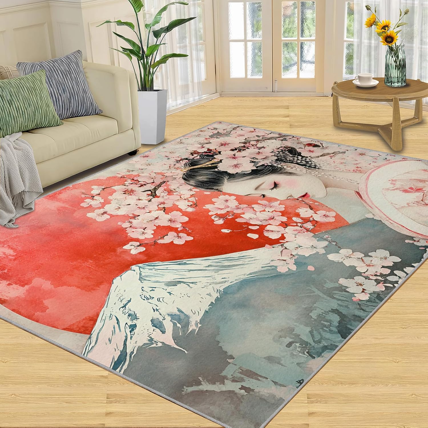 Japanese Rugs for Bedroom, Cherry Blossoms Rug 6x8, Retro Geisha Dining Room Rugs Washable & Non Slip Large Carpet for Home Decor