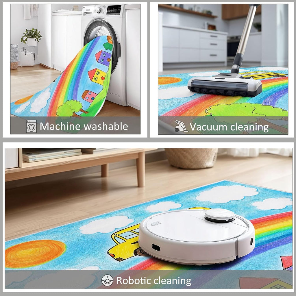 Machine Washable Area Rug 5 x 7 ft for Living Room, Cartoon Non-Slip Carpet Bedroom Rugs - Rainbow Green Trees Houses Cars Low-Pile Print Carpets for Bedroom Home Office Dining Room