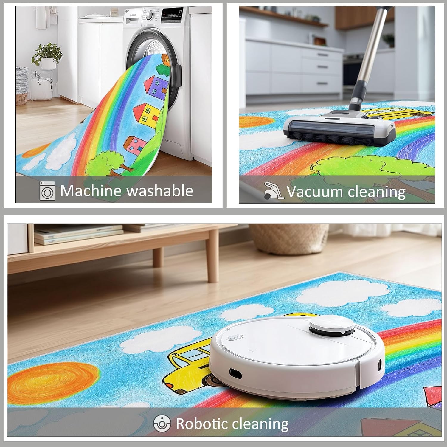 Machine Washable Area Rug 5 x 7 ft for Living Room, Cartoon Non-Slip Carpet Bedroom Rugs - Rainbow Green Trees Houses Cars Low-Pile Print Carpets for Bedroom Home Office Dining Room