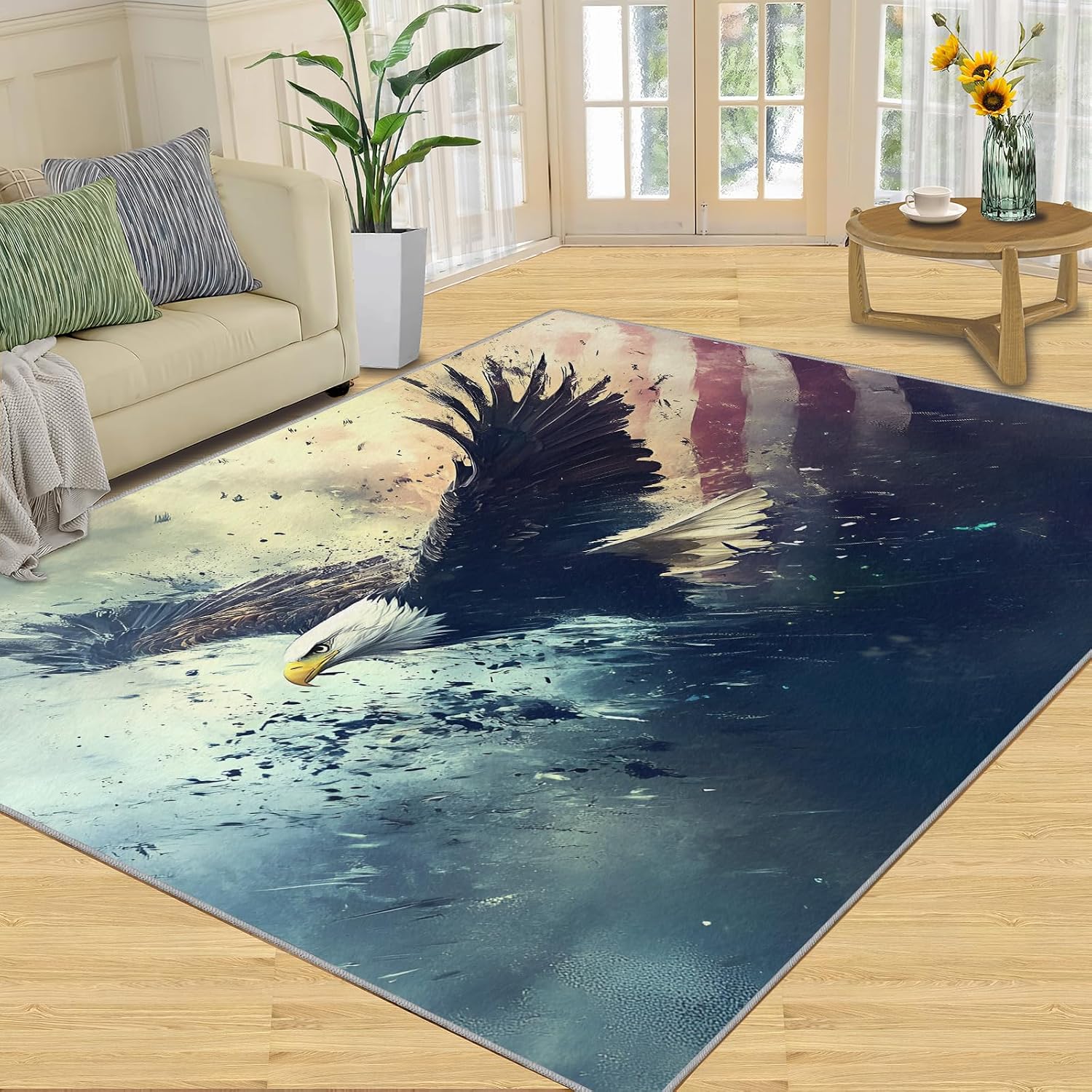 Bald Eagles Rug 6x9 Area Rug, Eagle Washable Rugs, Patriotic Rugs for Living Room Bedroom Decor, Low Pile & Non Slip Indoor Carpet