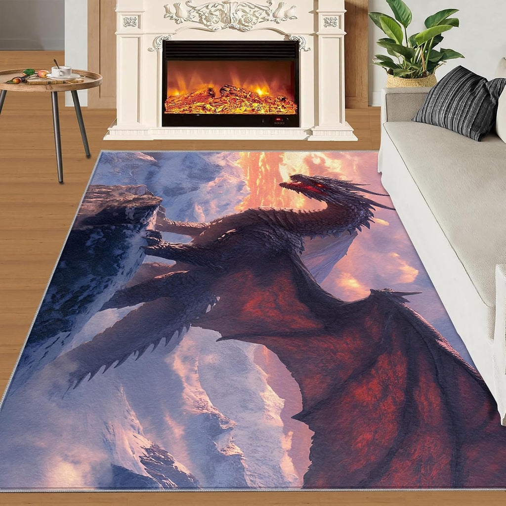 Dragon Rugs for Bedroom, Snow Mountain Dragon Rug 6x8, Mythical Creature Dining Room Rugs Washable & Non Slip Large Carpet for Home Decor