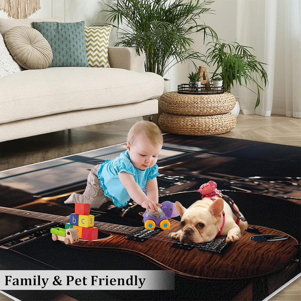 Music Rug Large - 6x8 Rug, Guitar Washable Rugs for Living Room, Drums Carpet, Musical Instrument Non-Slip Area Rugs for Bedroom, Boys Room Carpet, Music Home Decor