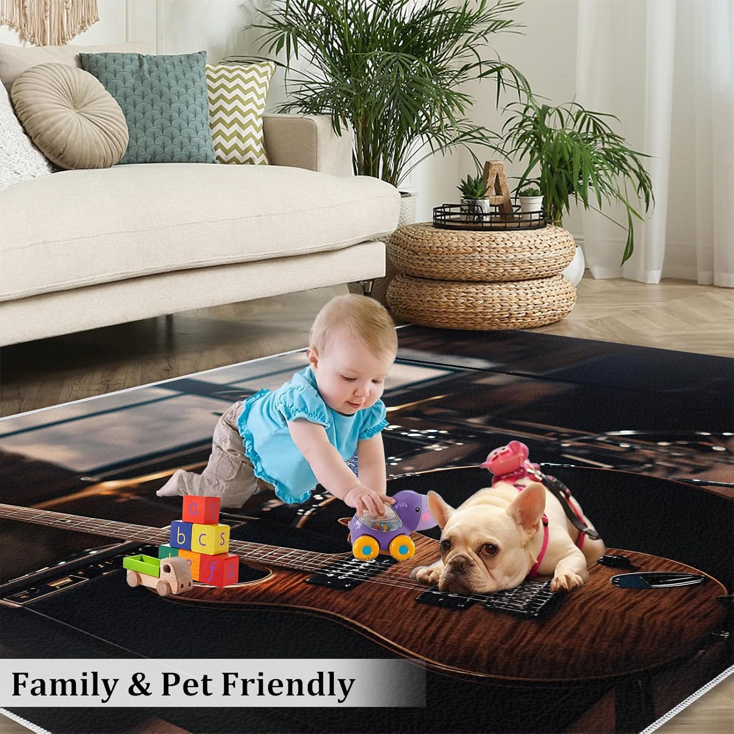 Guitar Rug & Home Decor - 5x7 Rug, Retro Rugs for Bedroom, Hip Hop Washable Rugs for Living Room, Rock and Roll Carpet, Non Slip Indoor Guitar Floor Mats & Music Room Decor