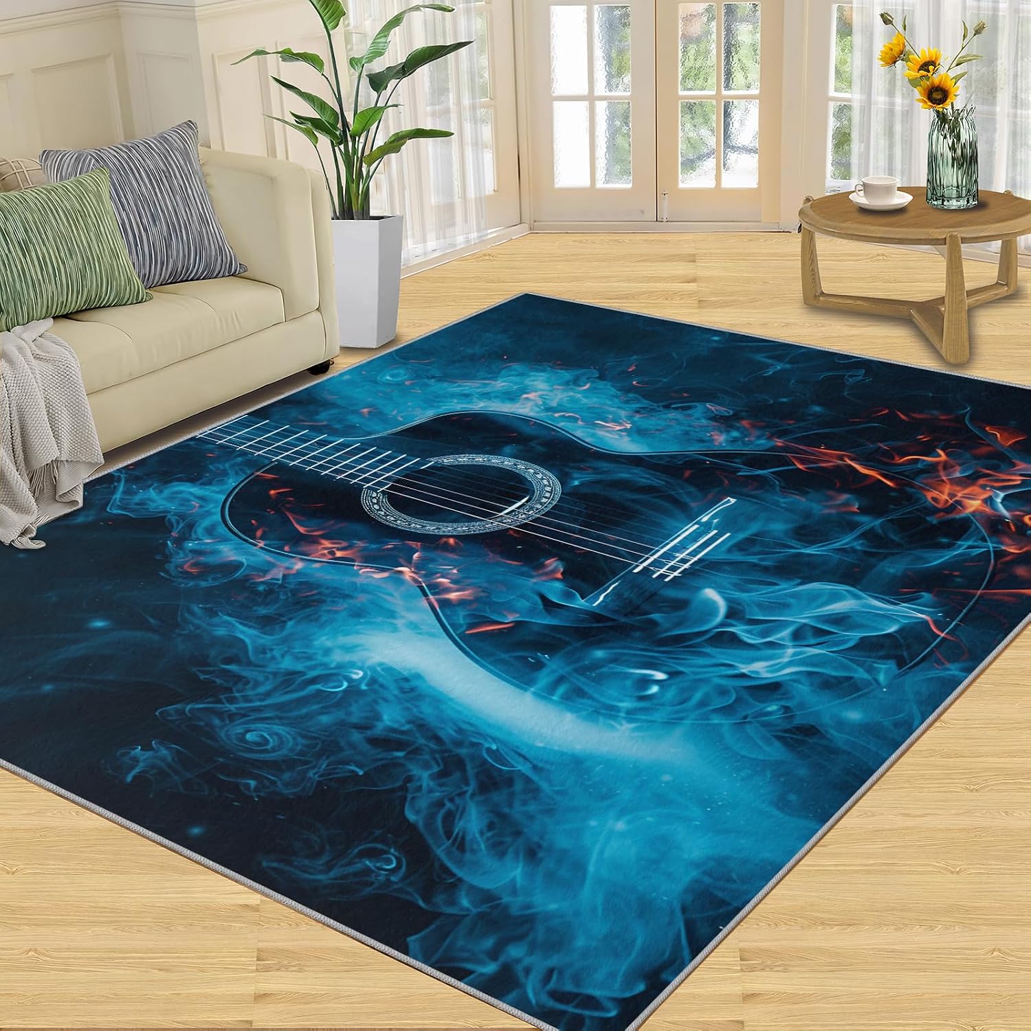 Guitar Rugs for Music Room - 5x7 Rug, Music Home Decor, Boys Musical Washable Rugs for Living Room Bedroom, Cool Blue Area Rug, Rock and Roll Carpet, Electric Guitars Gifts for Men