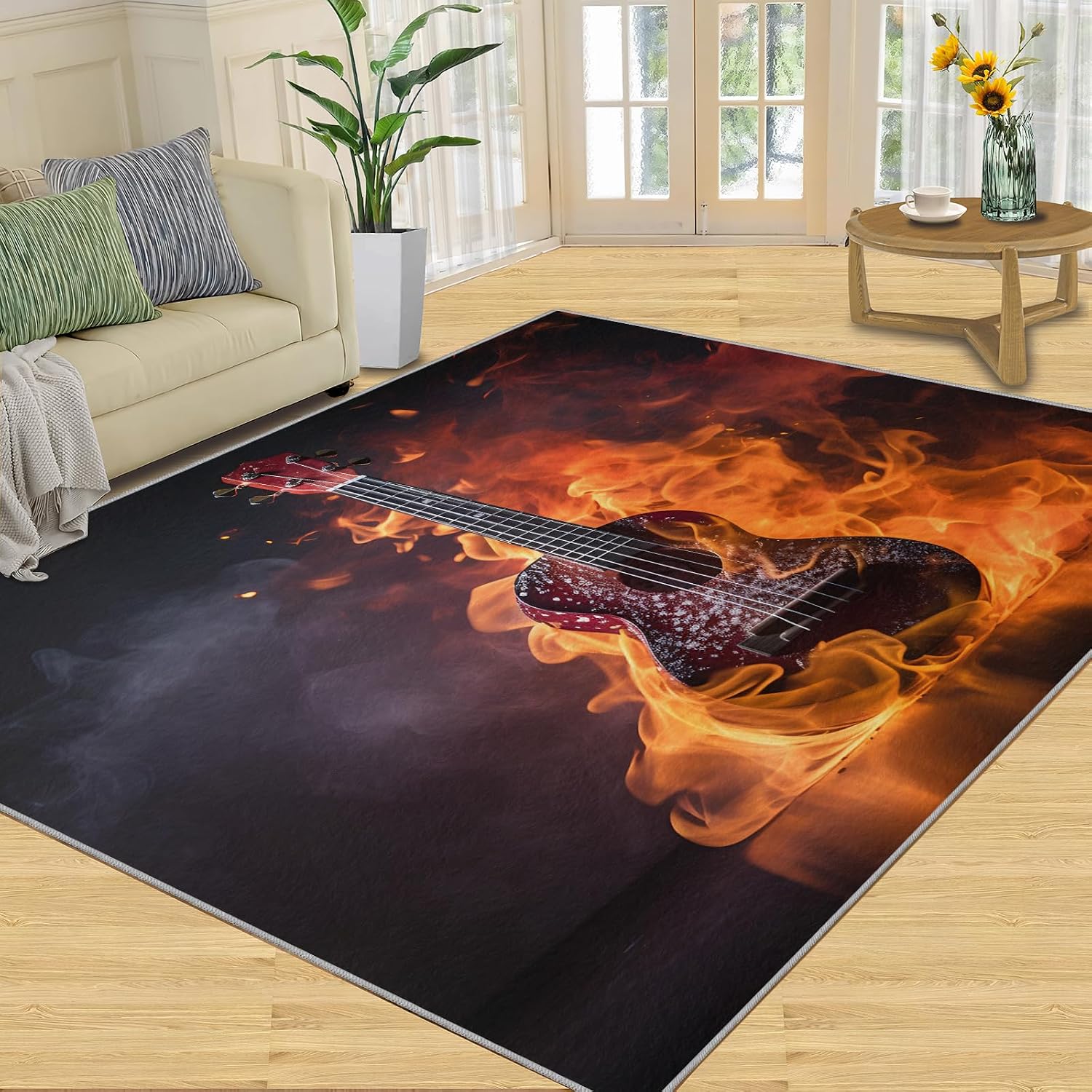 Flame Guitar Area Rug 5x7ft Rock Band Rugs for Boy Room, Cool Electric Guitar Kids Rug, Non-Slip Low Pile Carpet for Music Lovers Bedroom Band Music Room Recording Studio