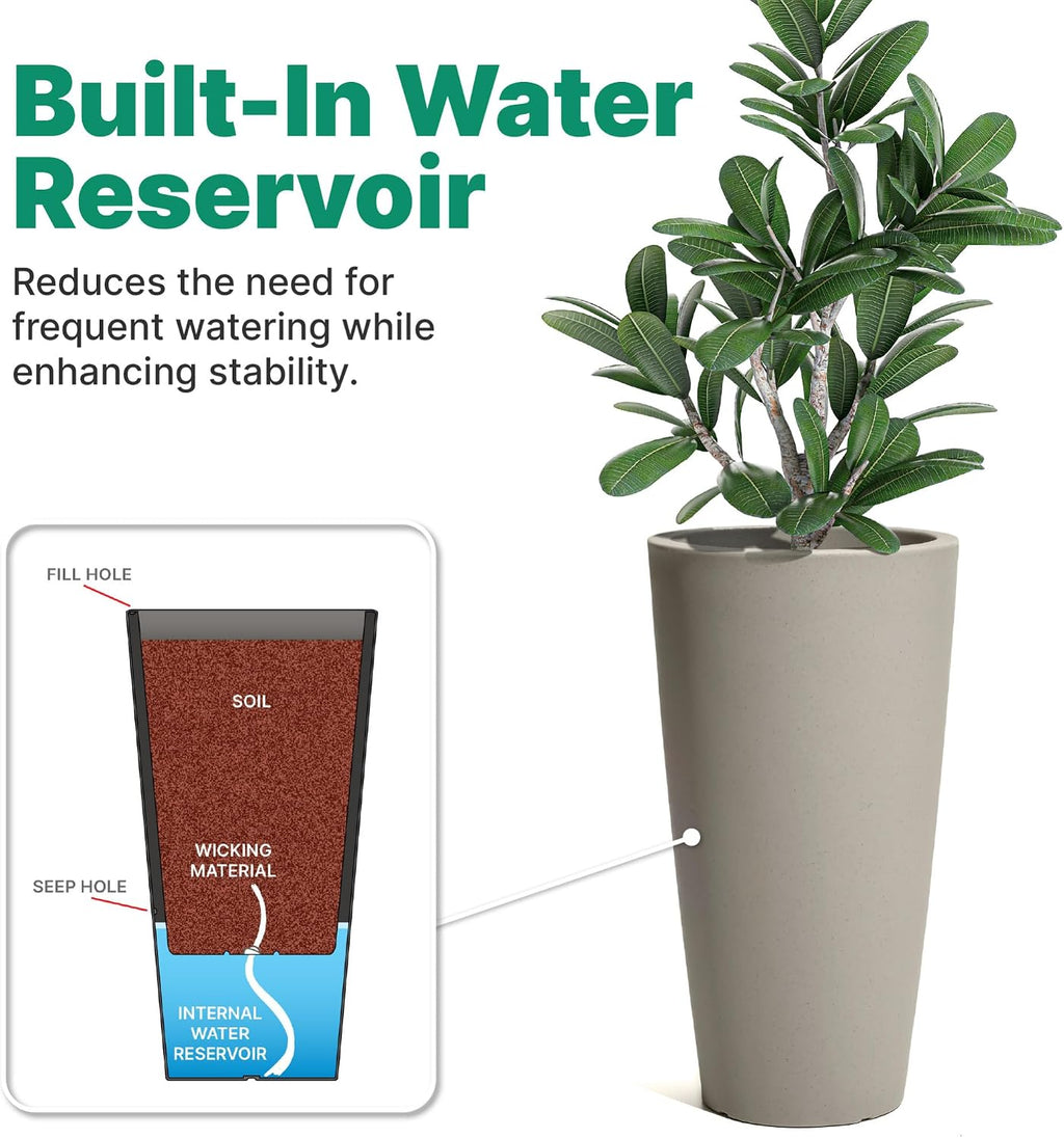 Step2 Tremont Tall Round Tapered Planter, 28' Tall 2-Pack, Indoor/Outdoor Plants, Efficient Drainage, Durable Resin, Concrete