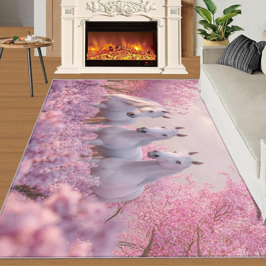 Horses Rugs for Living Room 6x8 Rug, Pink Flowers Area Rug, Animals Rugs, Large Machine Washable Rug, Non-Slip Floor Carpet for Bedroom Kids Room Home Decor