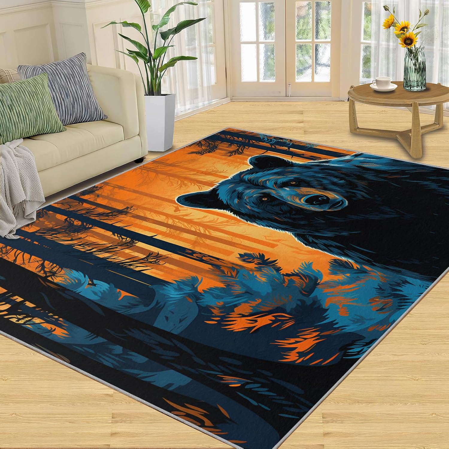 Black Bear Rug for Kids Room - 6x8 Large Rug, Forest Animal Rugs for Bedroom Flame Jungle Area Rugs for Living Room Home Decor Washable Rug