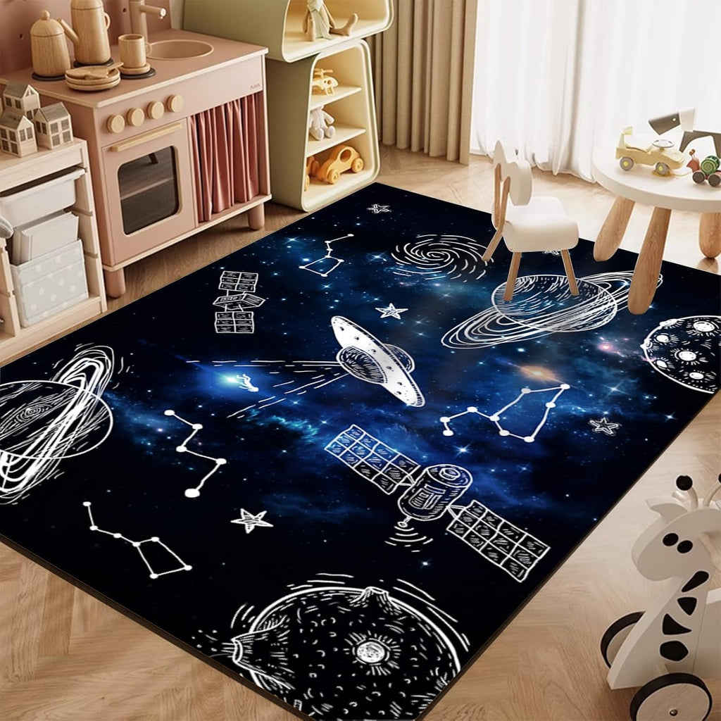 Space Rugs for Bedrooms, 6x8ft, Solar System Galaxy Night Indoor Throw Carpet, Machine Washable Science Rug for Classrooms, Soft Anti-Slip Noise Reduction Throw Rugs for Hallway Floors