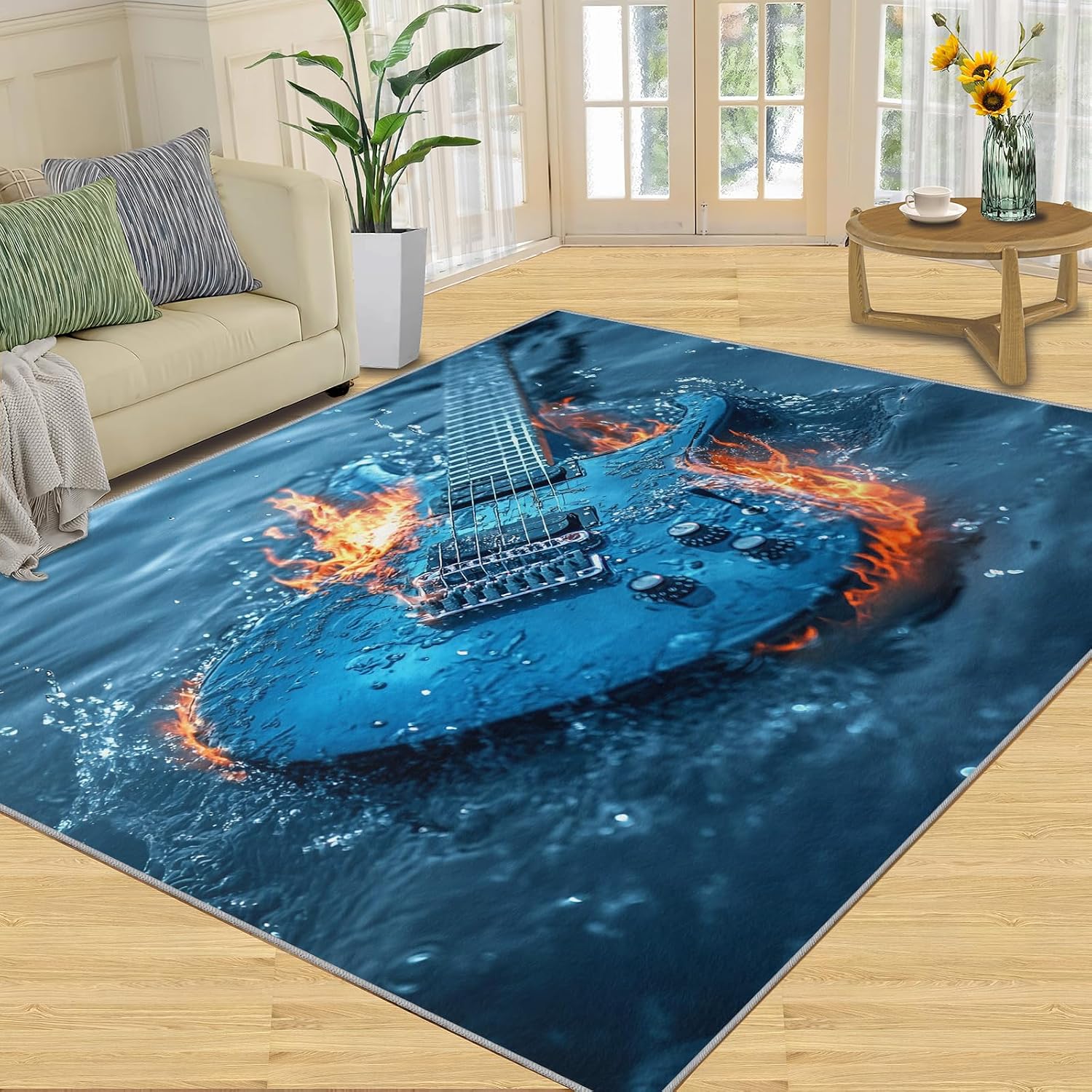 Guitar Rug 5x7, Cool Guitar Rugs for Bedroom, Rock Music Rugs for Living Room, Washable Area Rug for Boys Girls Room, Non Slip & Low Pile Carpet