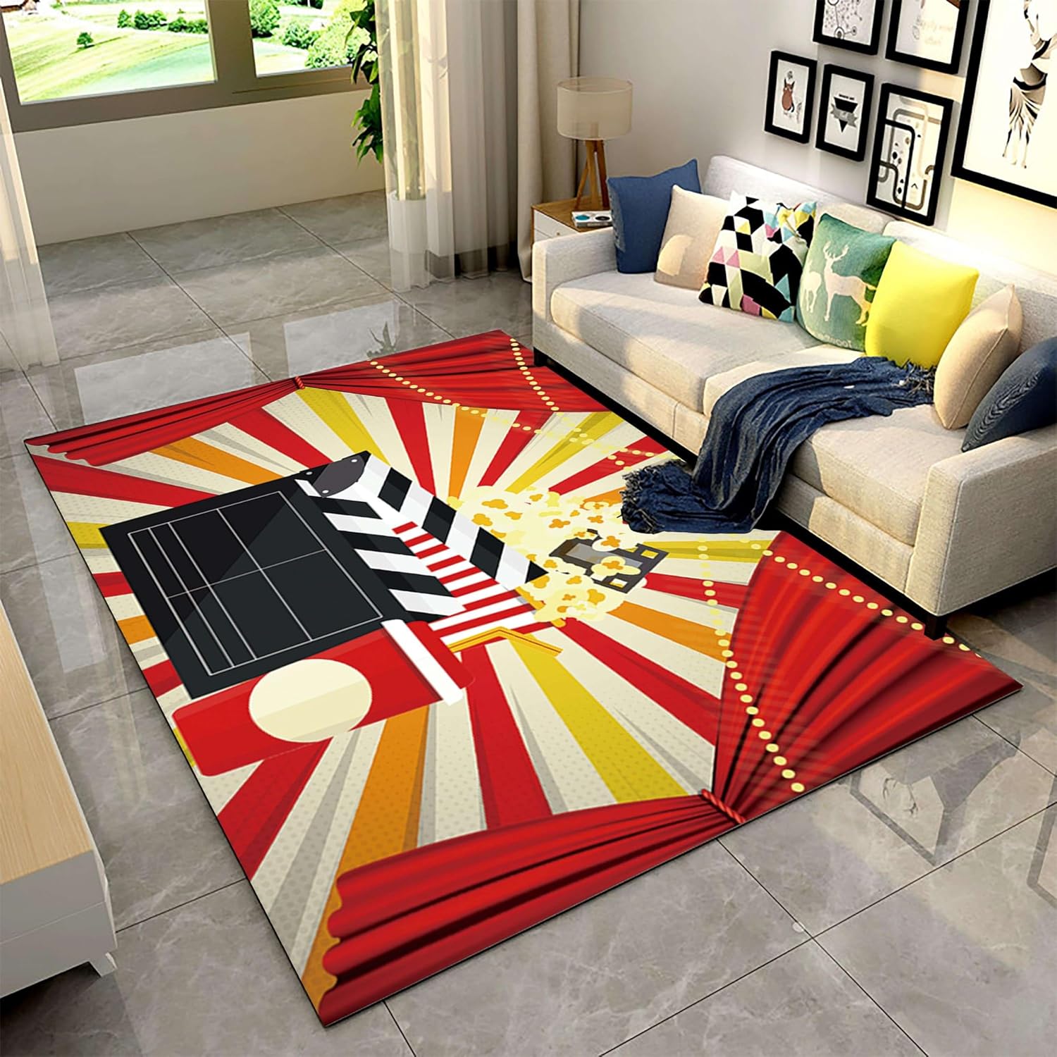 Kids Movie Night Area Rug,6x8ft, with Film Clapboard Design, Modern Bedroom Carpet for Film Fans, Retro Cinema Home Decor, Non-Slip Backing, Perfect for Teen Boys Room, Lounge, and Nursery