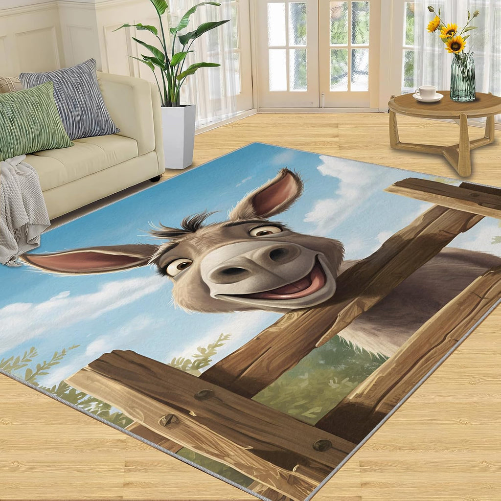 6x8 Rug Funny Donkey Art Area Rug, Smiling Donkey Decorative Rug, Easy Clean Carpet with Anti-Slip Backing for Bedroom Living Room Dining Room Office