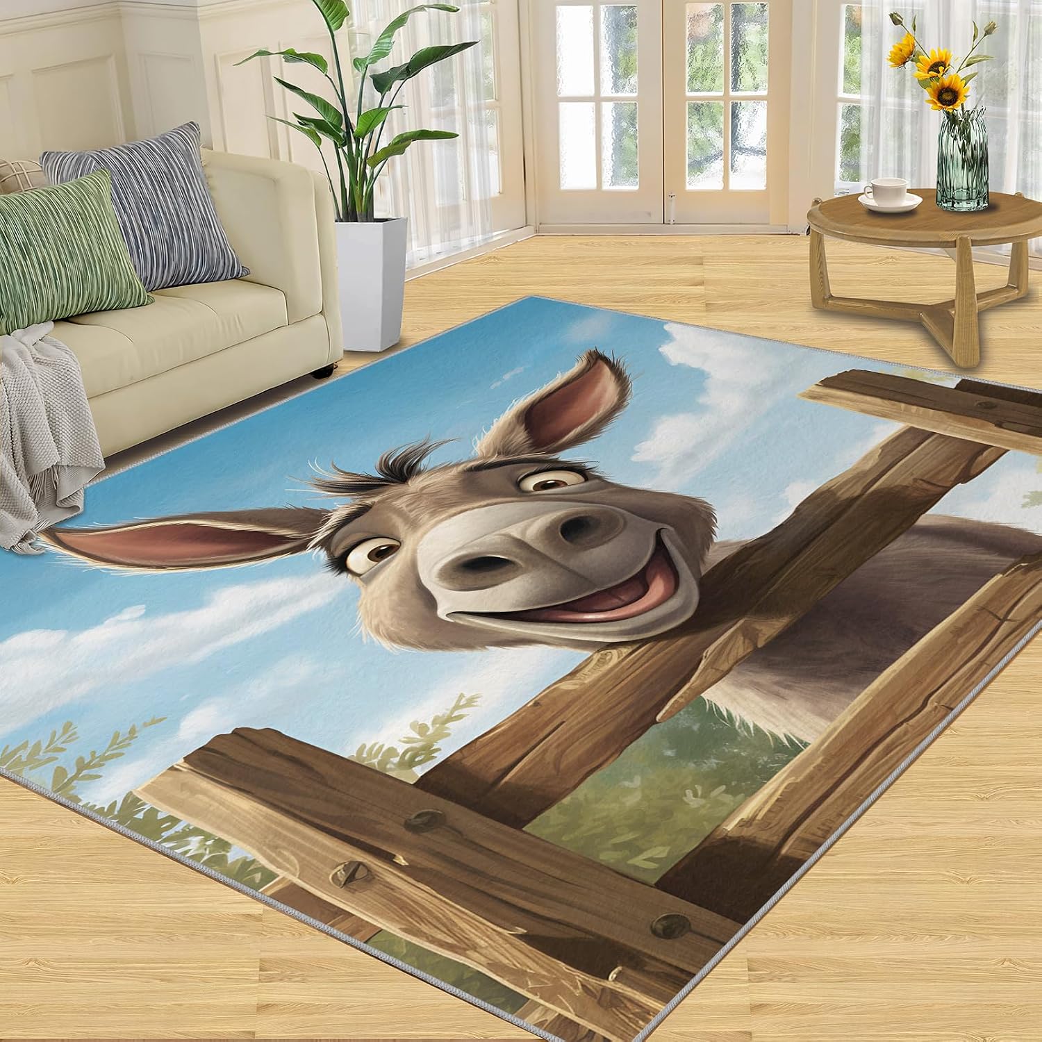 6x8 Rug Funny Donkey Art Area Rug, Smiling Donkey Decorative Rug, Easy Clean Carpet with Anti-Slip Backing for Bedroom Living Room Dining Room Office