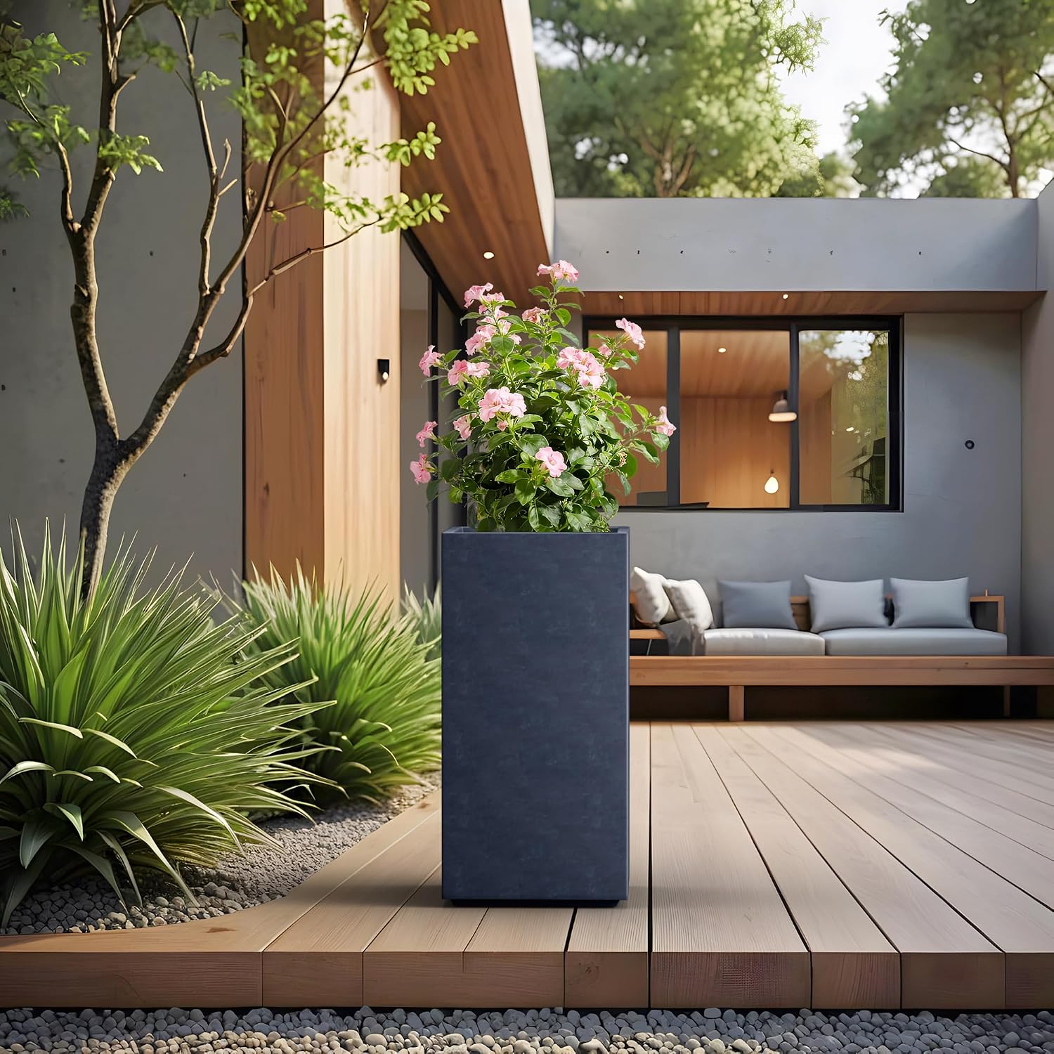 Kante 27.6' H Tall Rectangular Concrete Planter, Modern Square Diameter Plant Pot with Drainage Hole and Rubber Plug for Indoor Outdoor Home Patio Garden, Charcoal