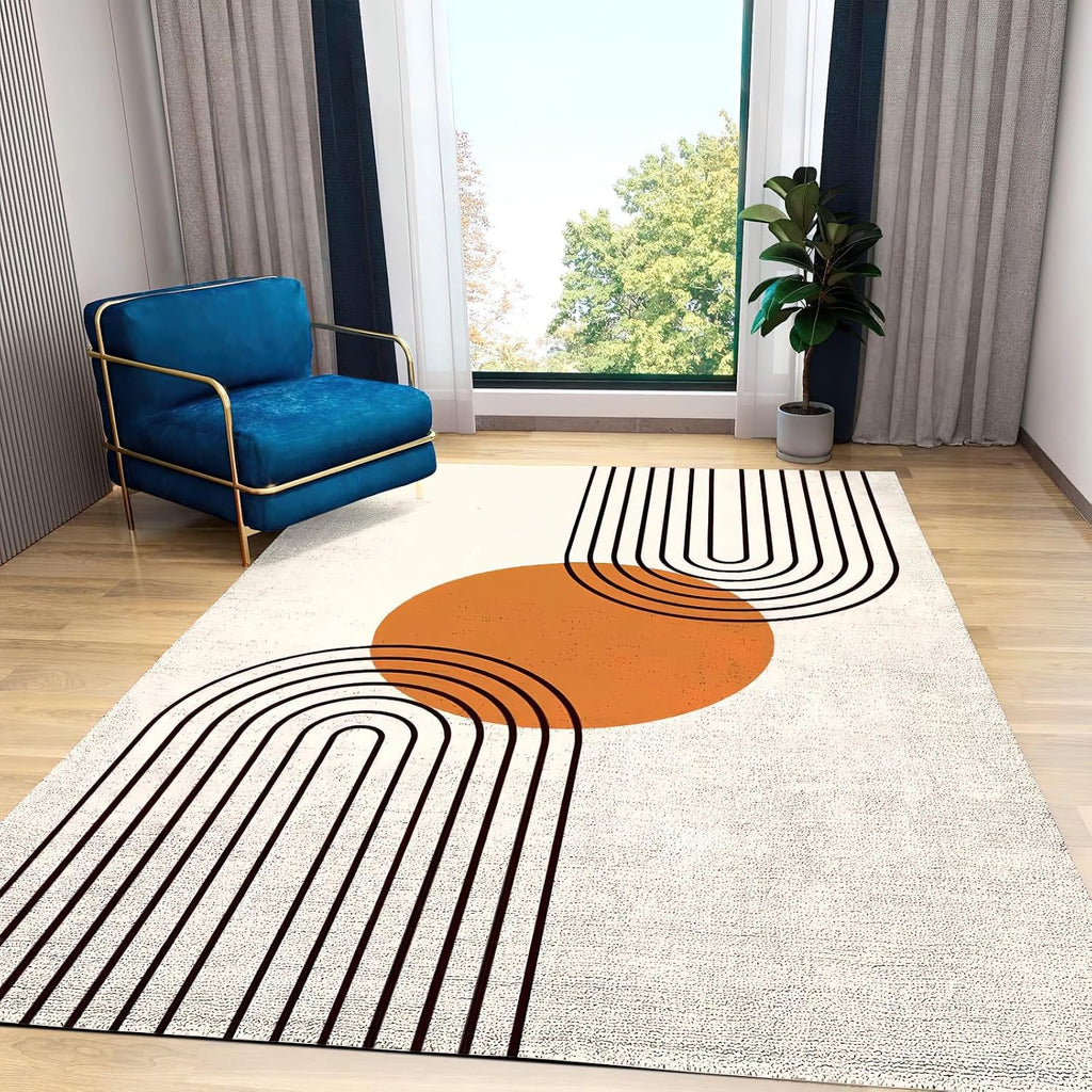Medieval Geometric Lines Area Rug, Simple Abstract Sun Indoor Non Slip Print Rugs, Machine Washable Breathable Durable Carpet for Living Room Bedroom Study Dining Room - 5 ft x 7 ft