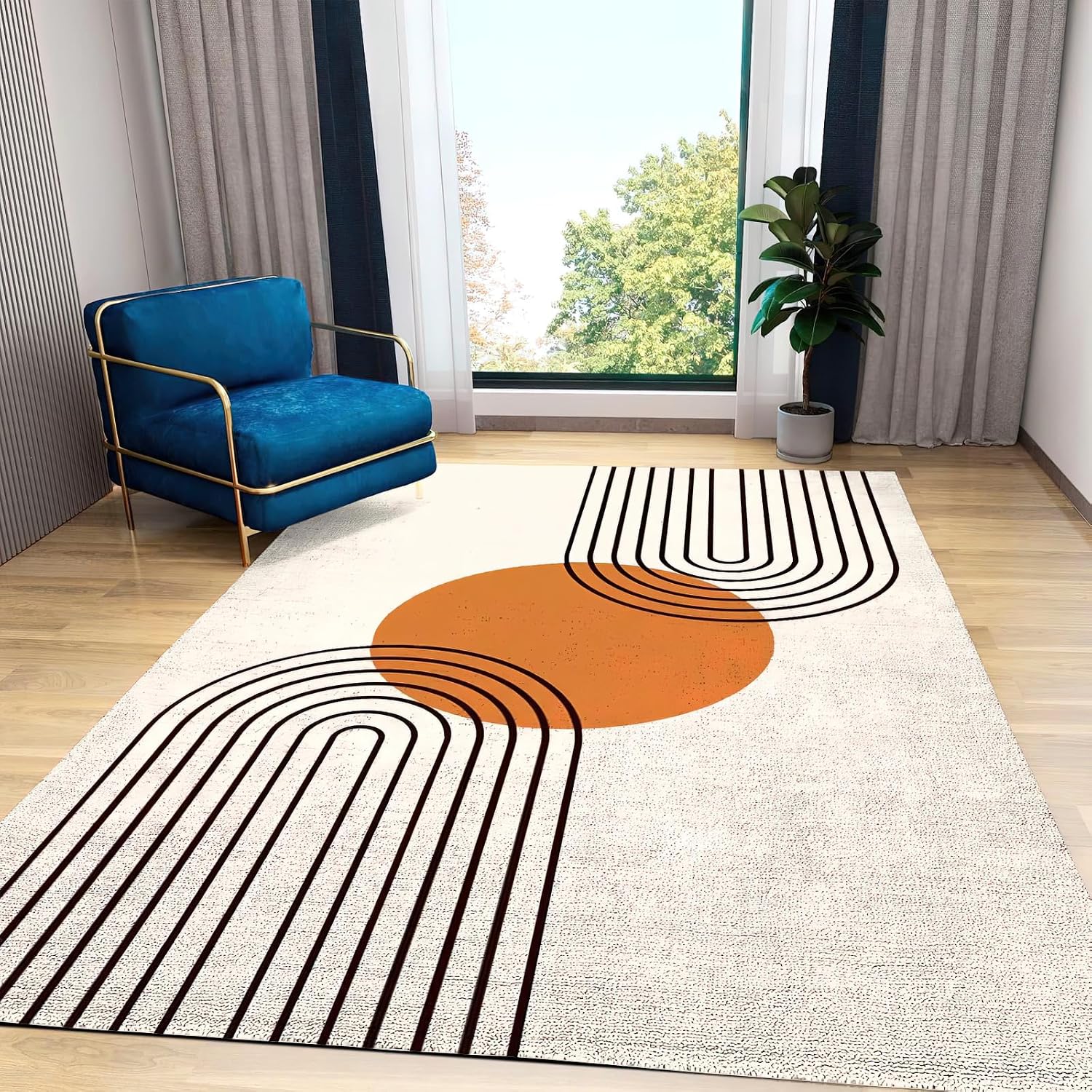 Medieval Geometric Lines Area Rug, Simple Abstract Sun Indoor Non Slip Print Rugs, Machine Washable Breathable Durable Carpet for Living Room Bedroom Study Dining Room - 5 ft x 7 ft