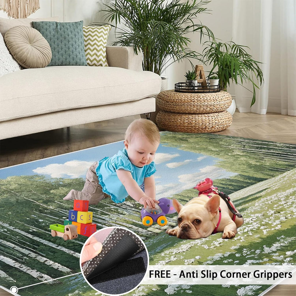Forest Rug 6x8, Birch Tree Area Rug, Natural Landscape Rugs for Living Room, Washable Rugs for Bedroom, Non Slip Low Pile Floor Mats