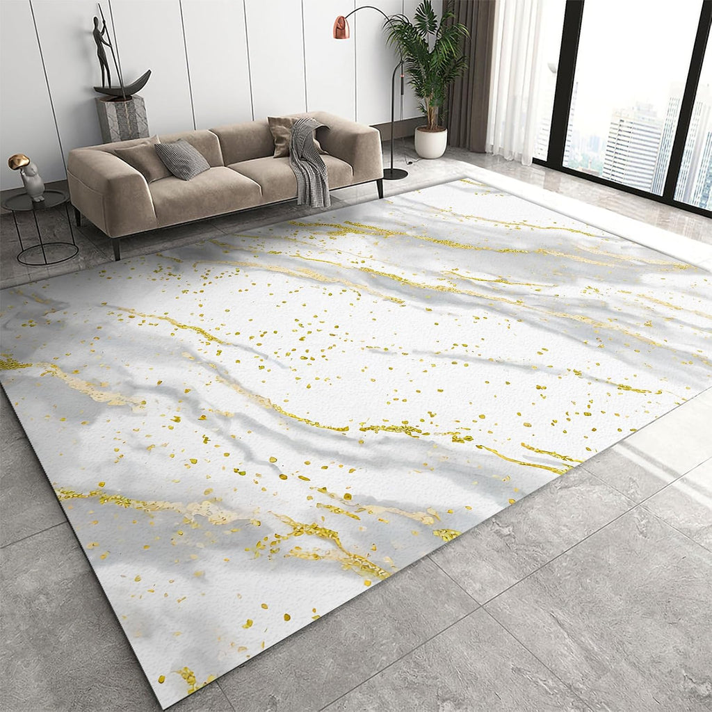 White Gray Marble Texture Area Rug, Light Luxury Gold Geometric Stripe Indoor Non-Slip Kids Rugs, Machine Washable Breathable Durable Carpet for Front Entrance Floor Decor,6 x 8ft