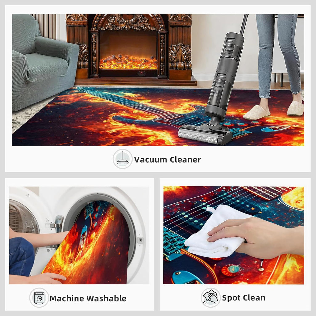 Guitar Living Room Rug, Flame Guitar Area Rug, Washable Bedroom Rugs for Children's Room Dormitory Decor Floor Mat 5x8
