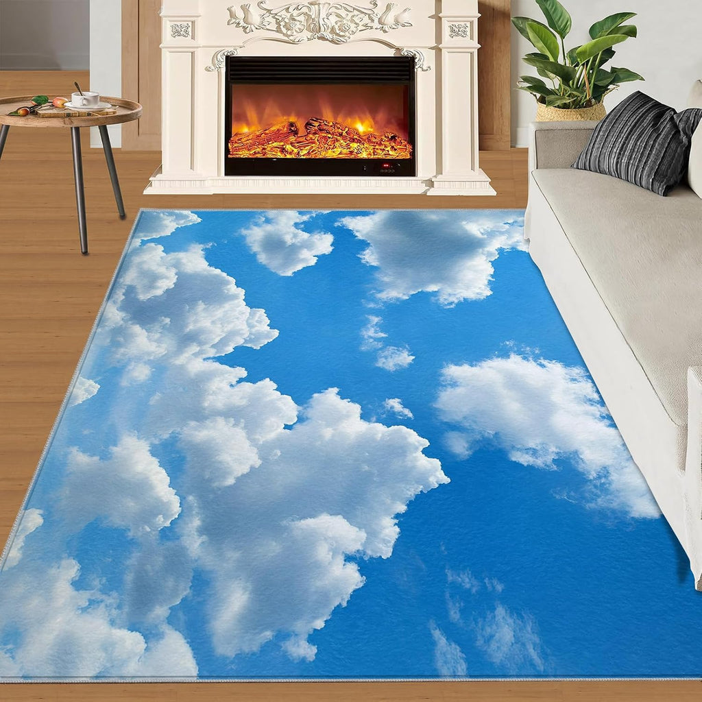 Blue Sky Rug 6x8, White Clouds Area Rug, Sky Rugs for Living Room, Washable Rugs for Bedroom, Non Slip Low Pile Floor Mats