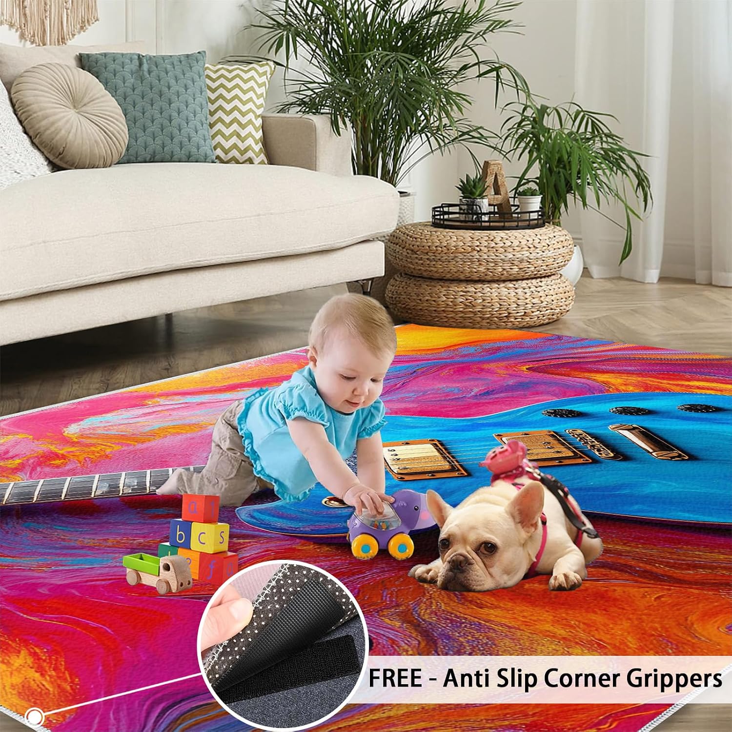 Guitar Area Rug 6x8-6x8 Rug, Colorful Rugs for Living Room, Music Carpet, Musical Instrument Washable Area Rugs for Bedroom, Boys Carpet, Guitar Home Decor