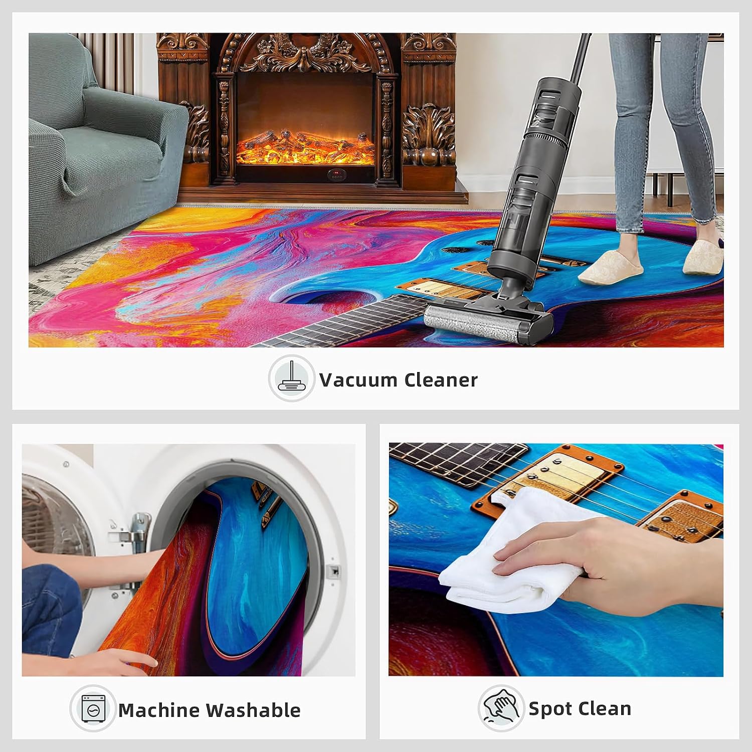 Guitar Area Rug 6x9-6x9 Rug, Colorful Rugs for Living Room, Music Carpet, Musical Instrument Washable Area Rugs for Bedroom, Boys Carpet, Guitar Home Decor