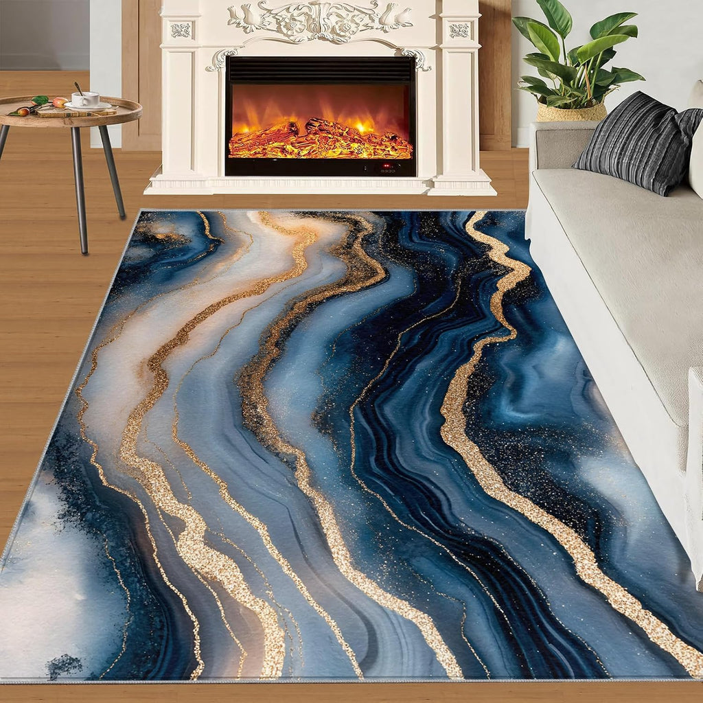 Marble Rugs for Bedroom - 6x8 Rug, Royal Blue Marble Area Rugs for Living Room, Nordic Carpet, Contemporary Washable Area Mat, Atmospheric Carpet, Abstract Home Decor & Gifts