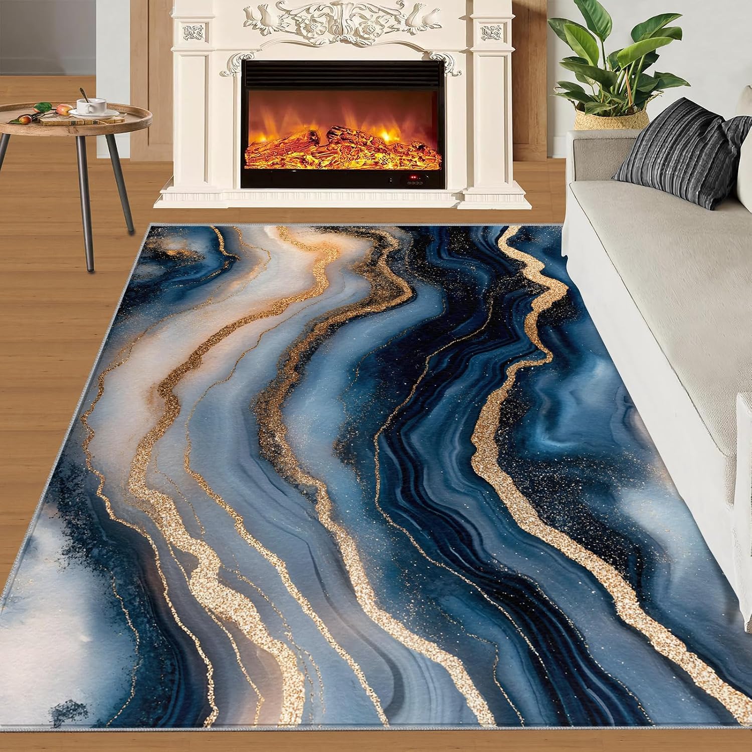 Marble Rugs for Bedroom - 6x8 Rug, Royal Blue Marble Area Rugs for Living Room, Nordic Carpet, Contemporary Washable Area Mat, Atmospheric Carpet, Abstract Home Decor & Gifts