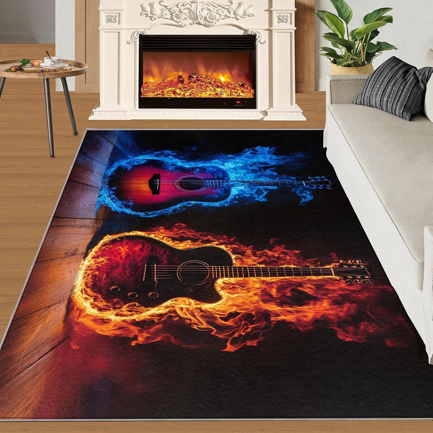 Guitar Rug for Bedroom 6x8 Rug Fire Water Guitar Rugs, Rock Music Themed Home Decor, Non Slip Washable Large Rugs, Instruments Print Carpet for Boys and Girls Teen Playroom