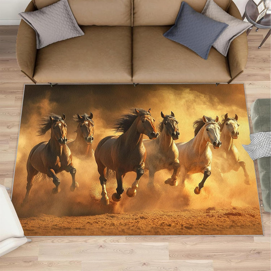 Galloping Horse Rugs for Bedroom, Galloping Horse Rug 6x8, Retro Animals Dining Room Rugs Washable & Non Slip Large Carpet for Home Decor