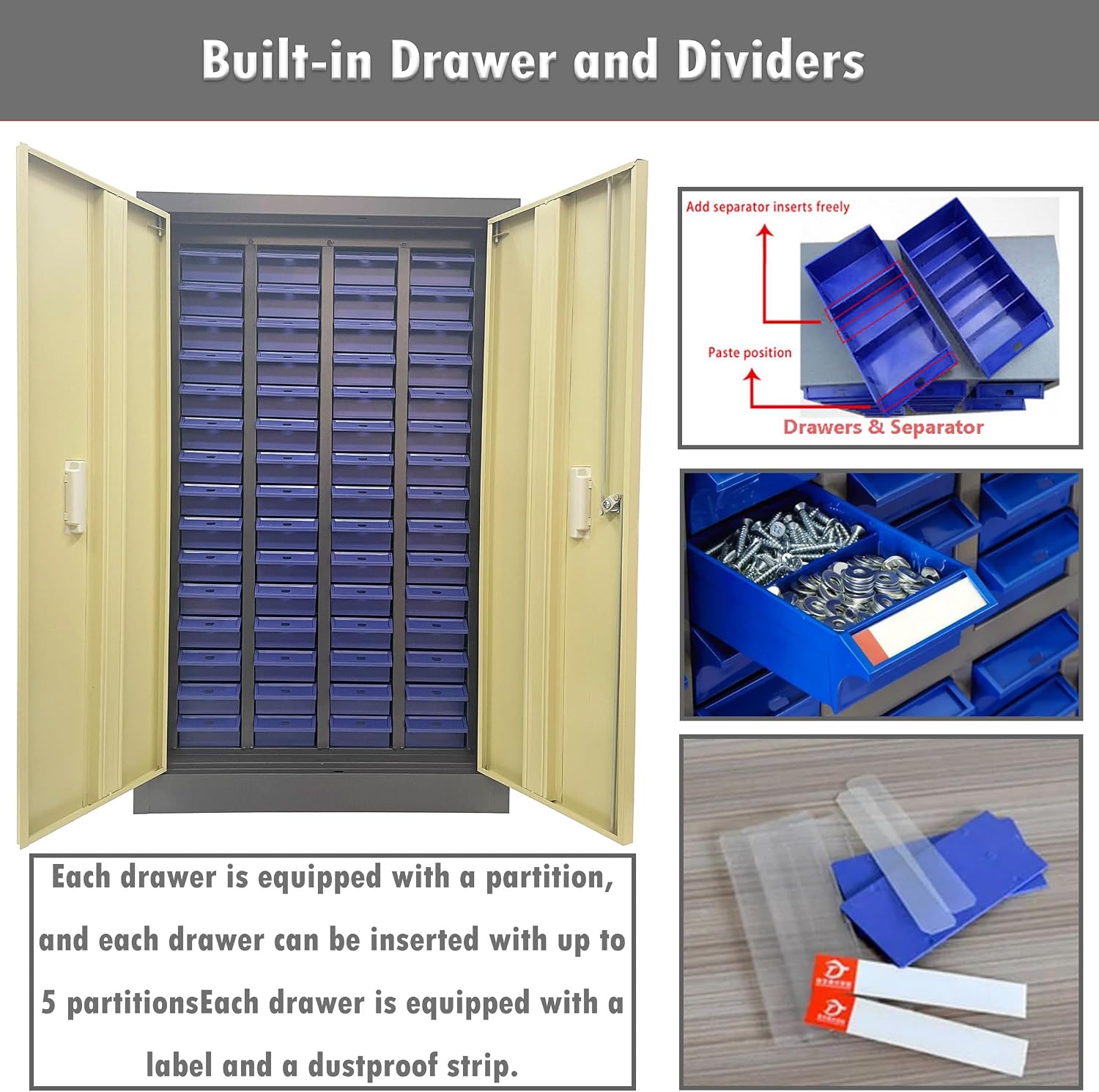 INTSUPERMAI Parts Cabinet Tools Storage Cabinet 60 Drawer Plastic Parts Organizer Plastic Storage Drawers 2 Dividers 5 Baffle