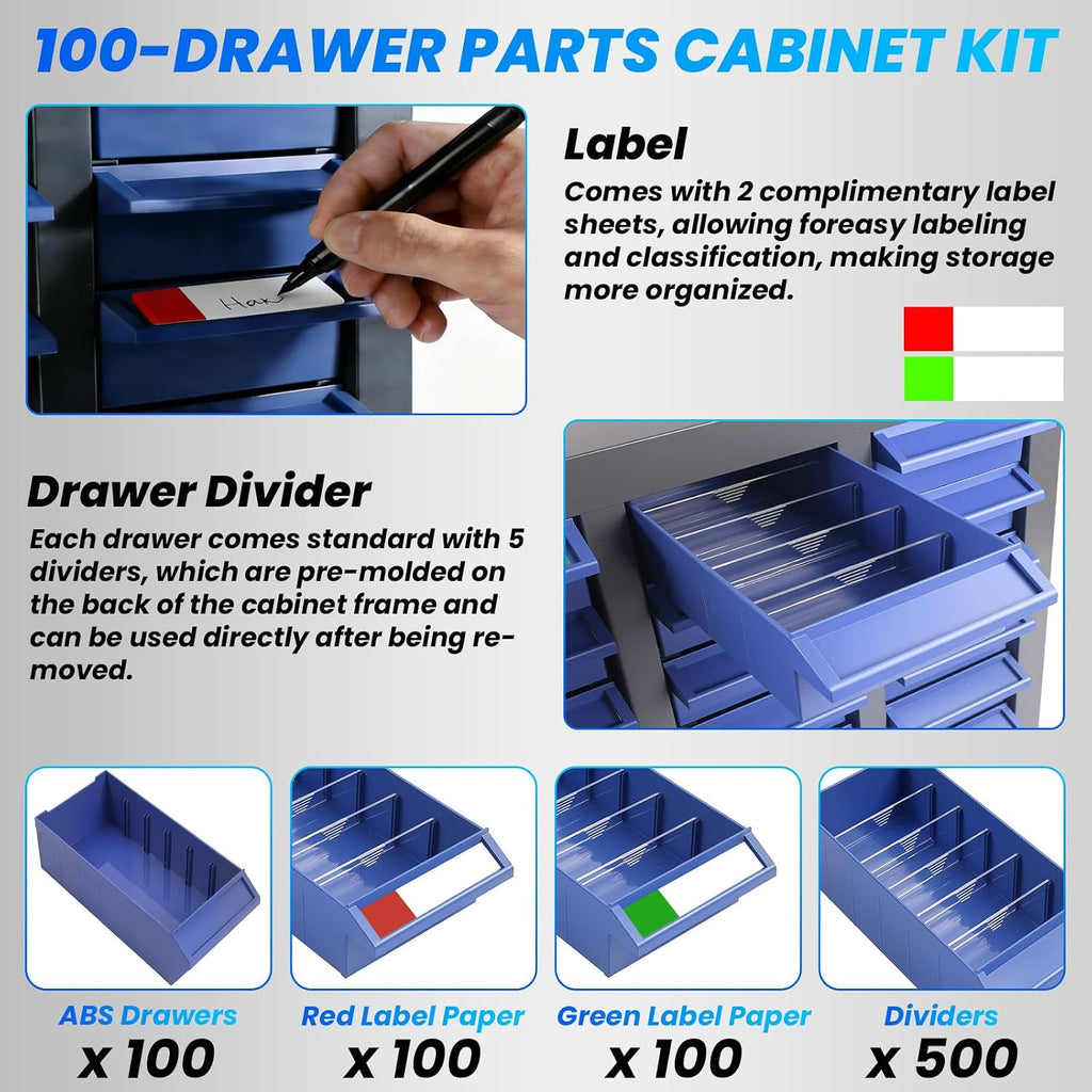100-Drawer Bolt and Nut Organizer, Stainless Steel Part Cabinet & Tool Storage Cabinet, Bolt Bin Cabinets with ABS Drawers, Shelves & Label Stickers for Workshop Garage Hardware Storage (100 Drawers)