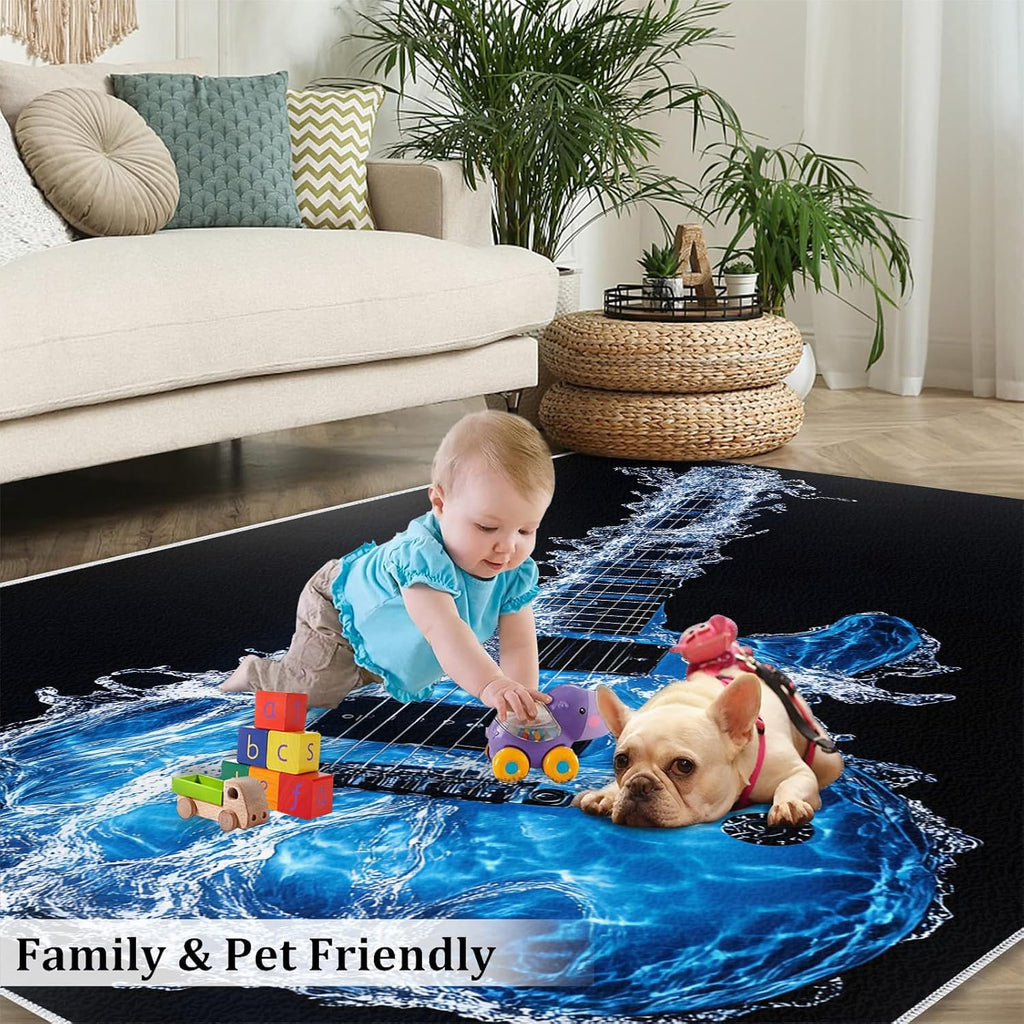 Electric Guitar Rugs for Music Room - 6x8 Rug, Music Area Rugs for Bedroom, Americana Guitars Rugs, Blue Guitars Washable Carpet for Nursery, Musical Carpet, Guitar Home Decor