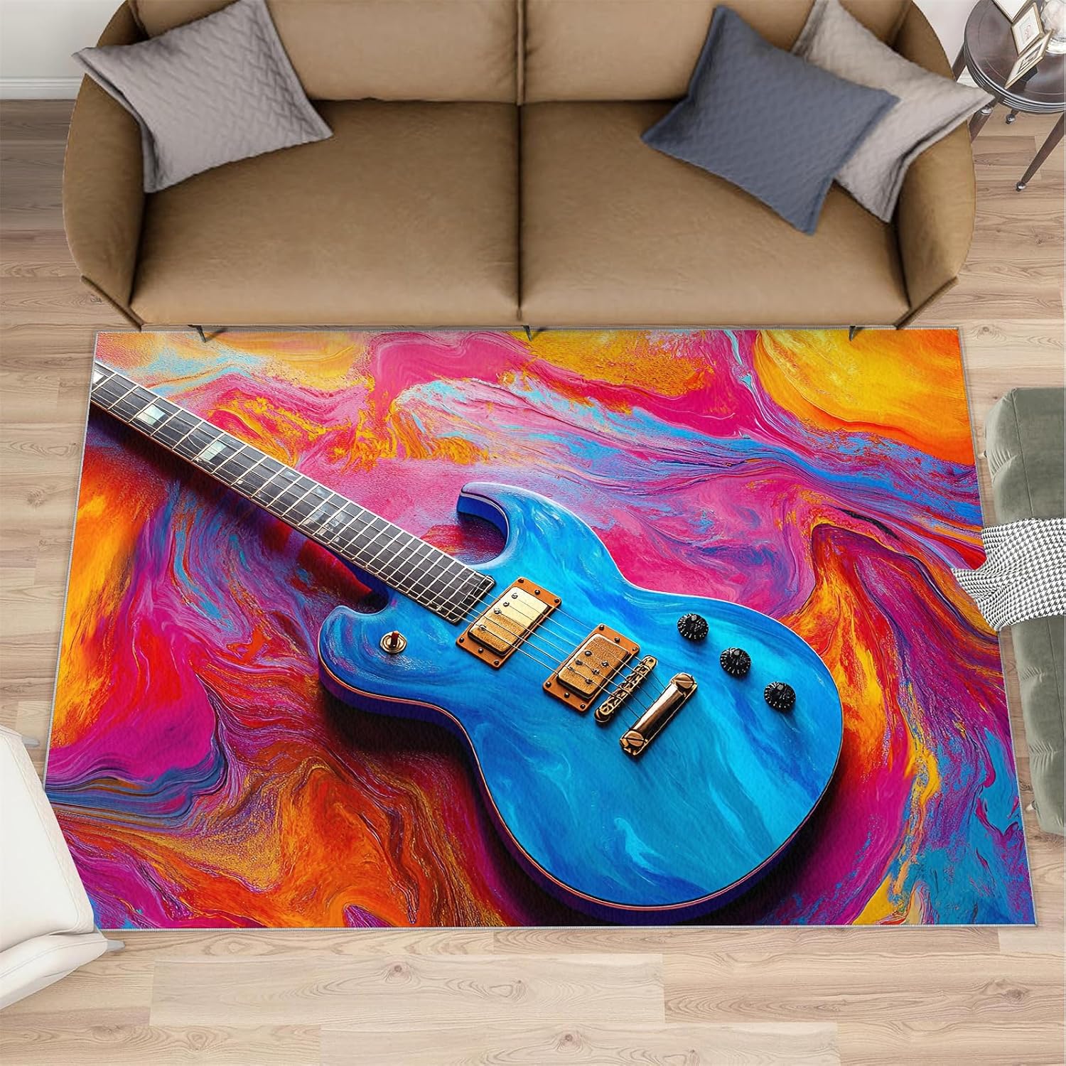 Electric Guitar Area Rugs 5x7 - Abstract Rugs for Bedroom Girls, Pop Art Rug Non Slip Soft Rugs for Living Room Hardwood Floors Teen Room