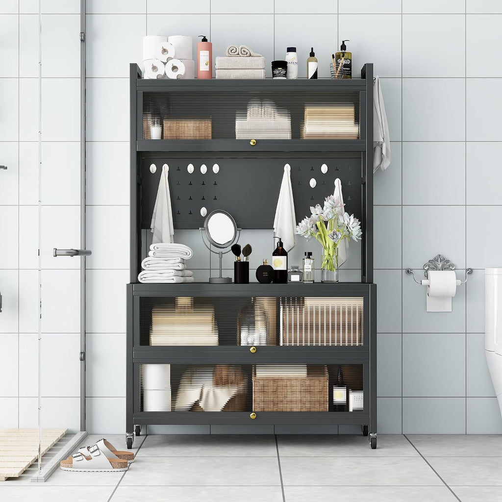 65-Inch Tall Kitchen Bakers Rack with Flip Door Cabinet, 5-Tier Microwave Stand and Coffee Bar, Pantry Storage with Pegboard Hooks, Quick Assembly, White,GreyMetal0