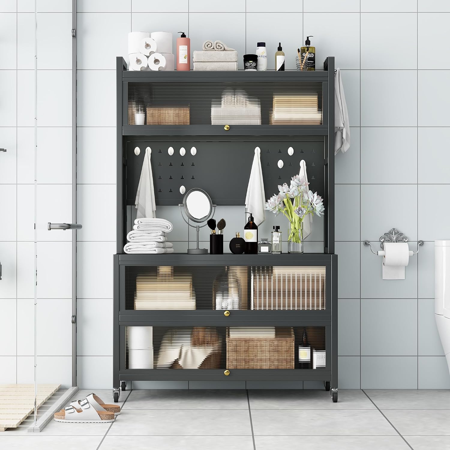 65-Inch Tall Kitchen Bakers Rack with Flip Door Cabinet, 5-Tier Microwave Stand and Coffee Bar, Pantry Storage with Pegboard Hooks, Quick Assembly, White,GreyMetal0