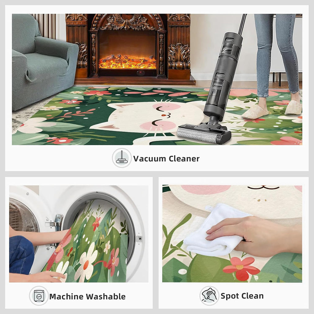 Cat in The Garden Rug for Kids Room - 6x8 Large Rug, Animal Cat Rugs for Bedroom Watercolor Flowers Area Rugs for Living Room Home Decor Washable Rug