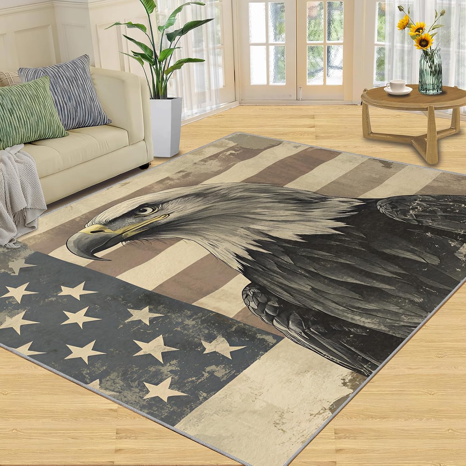 Bald Eagle Area Rug Large - 6x8 Rug, American Flag Rugs for Living Room, Retro Carpet, Patriotic Bird Washable Area Rugs for Bedroom, Bird Carpet, Bald Eagle Home Decor