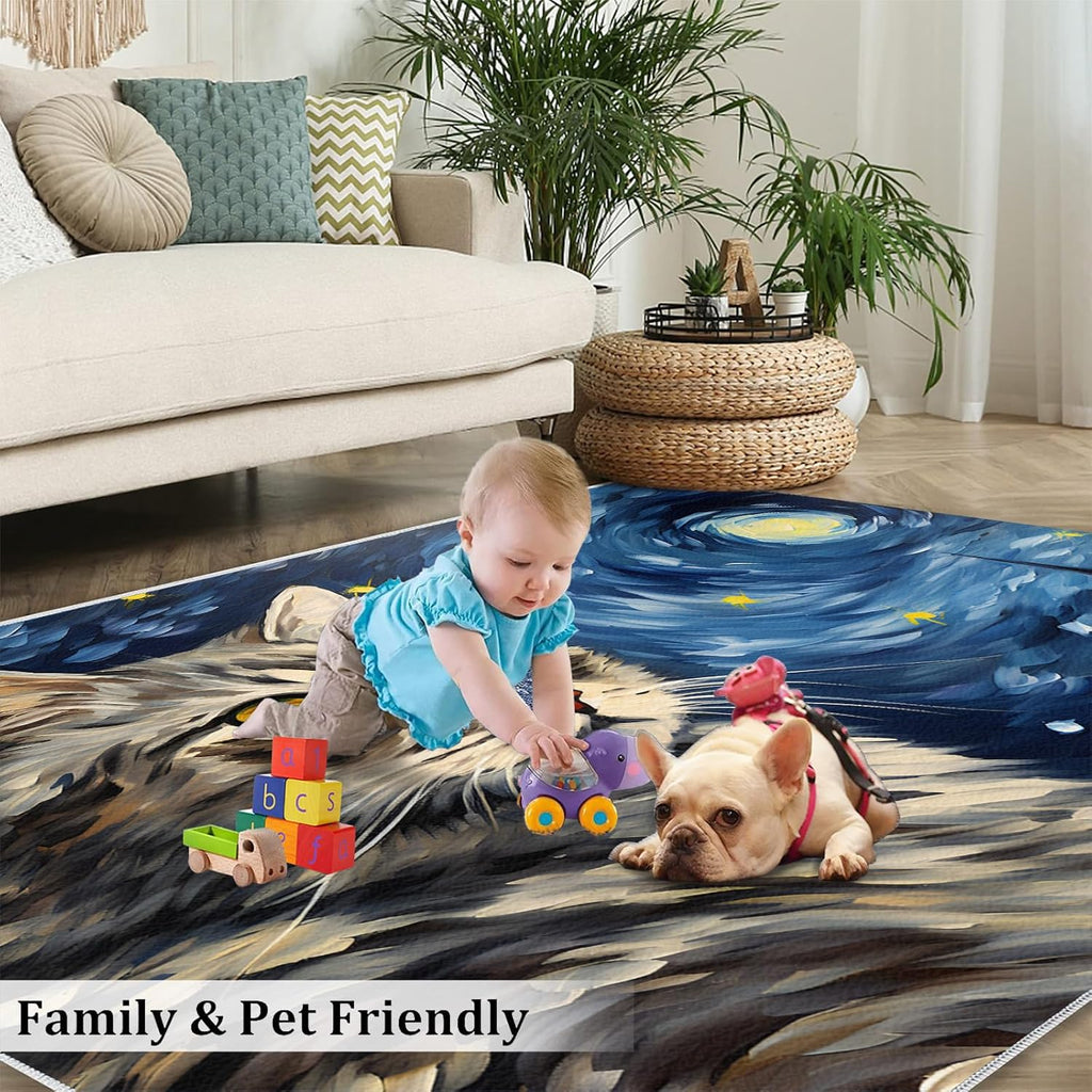 6x8 Area Rug - Starry Sky Pear Flower Cat Large Rugs for Living Room, Post-Impressionist Art Painting Carpet Area Rug for Girls Bedroom Kids Room Basement Office Classroom