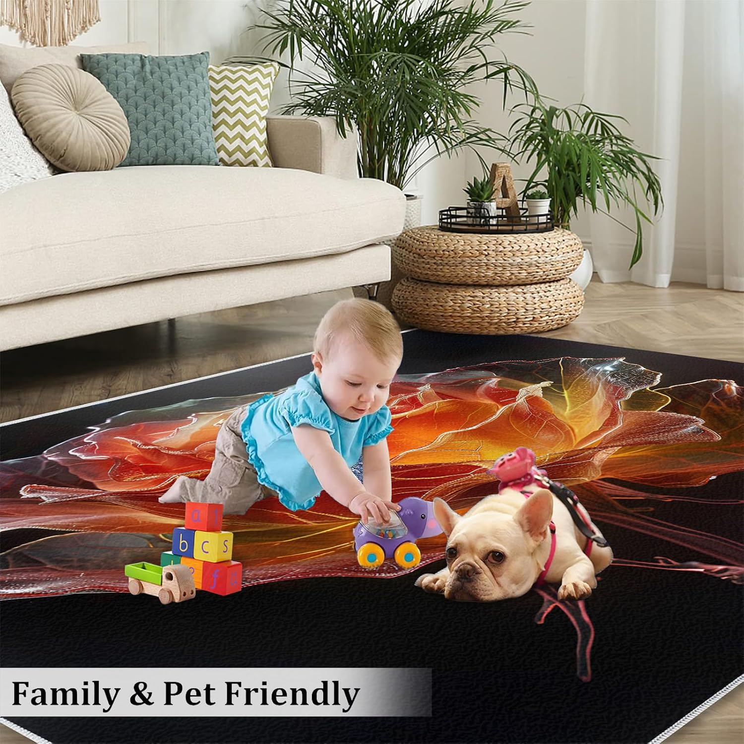 Area Rug 6x8ft, Red Glass Flowers Rugs for Living Room, Creative Popular Beautiful Bedroom Rug, Machine Washable Breathable Durable Indoor Carpet for Bedside Porch Entryway Office