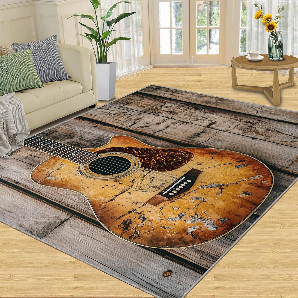 Guitar Area Rug 6x8, Country Guitar Rugs for Living Room, Music Bedroom Rug, Machine Washable Rugs for Sofa Kitchen Dining, Non-Slip Home Decor Carpet