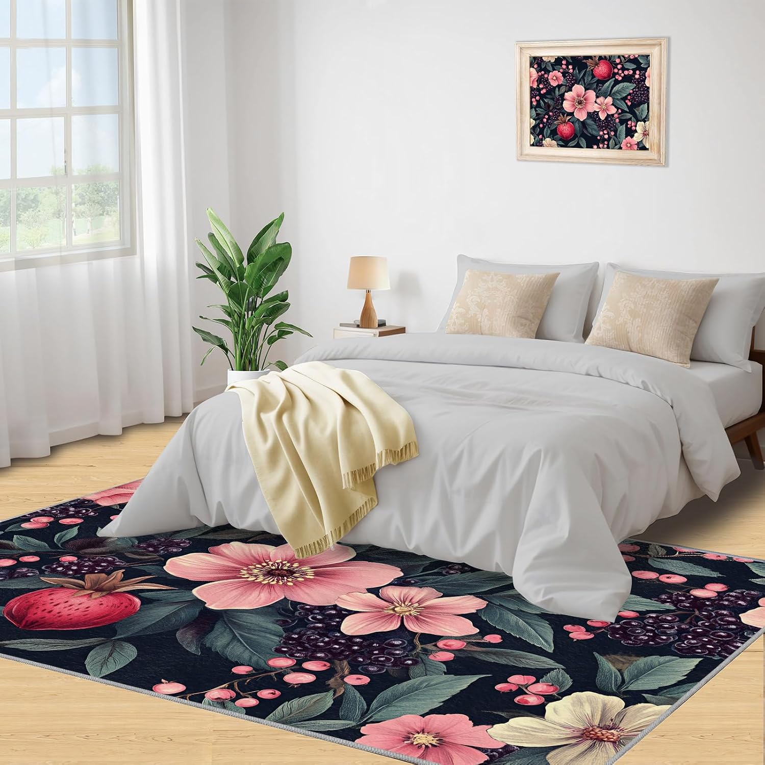 Rustic Rugs for Bedroom, Boho Flowers Area Rug, Pink Florals Rugs for Living Room, 6x8 Washable Rug Non Slip & Low Pile, Indoor Carpet & Home Decor