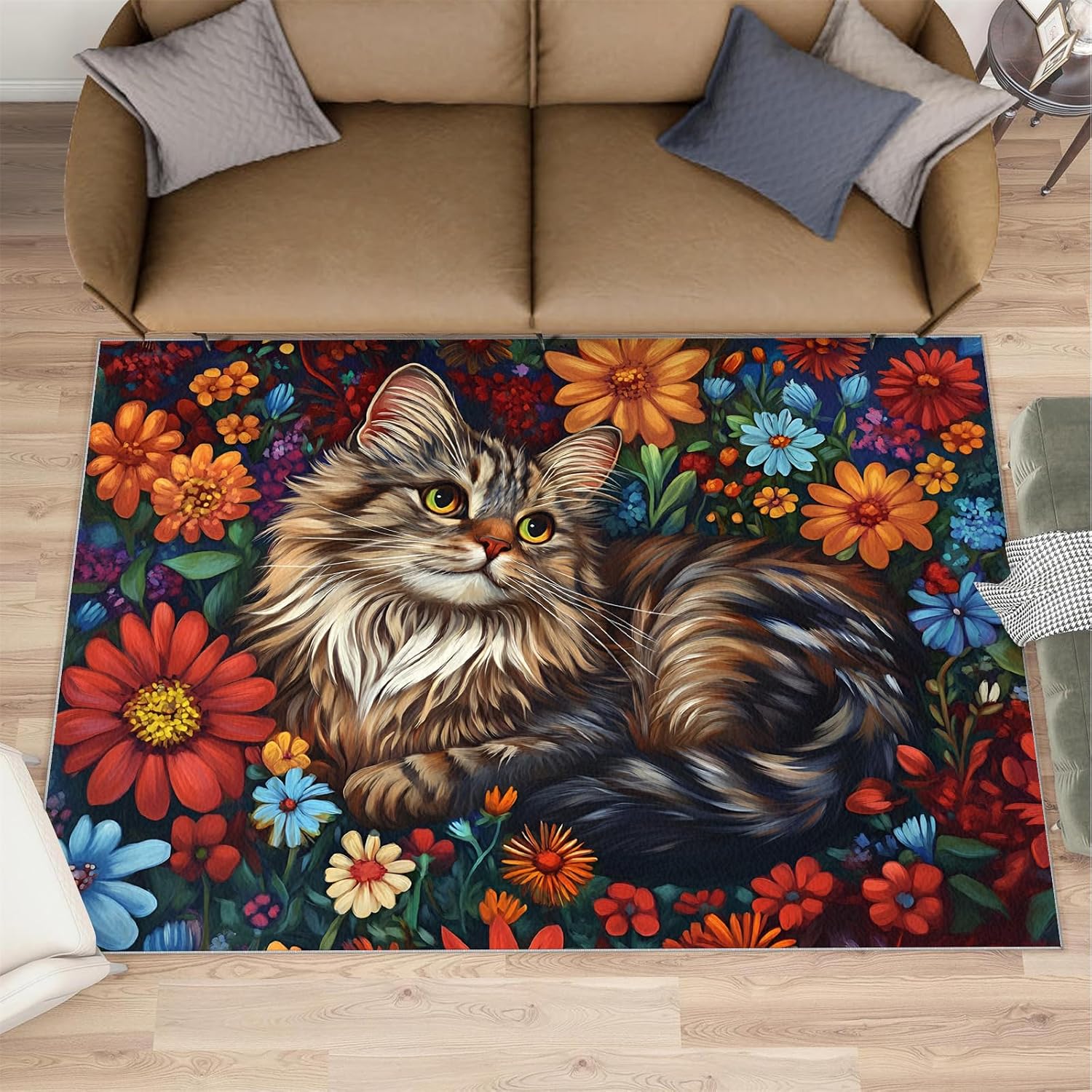 Floral Cat Rugs for Girls Room, Boho Colors Floral Area Rug, Washable Bedroom Rug for Front Entrance Floor Decor Floor Mat 6x8